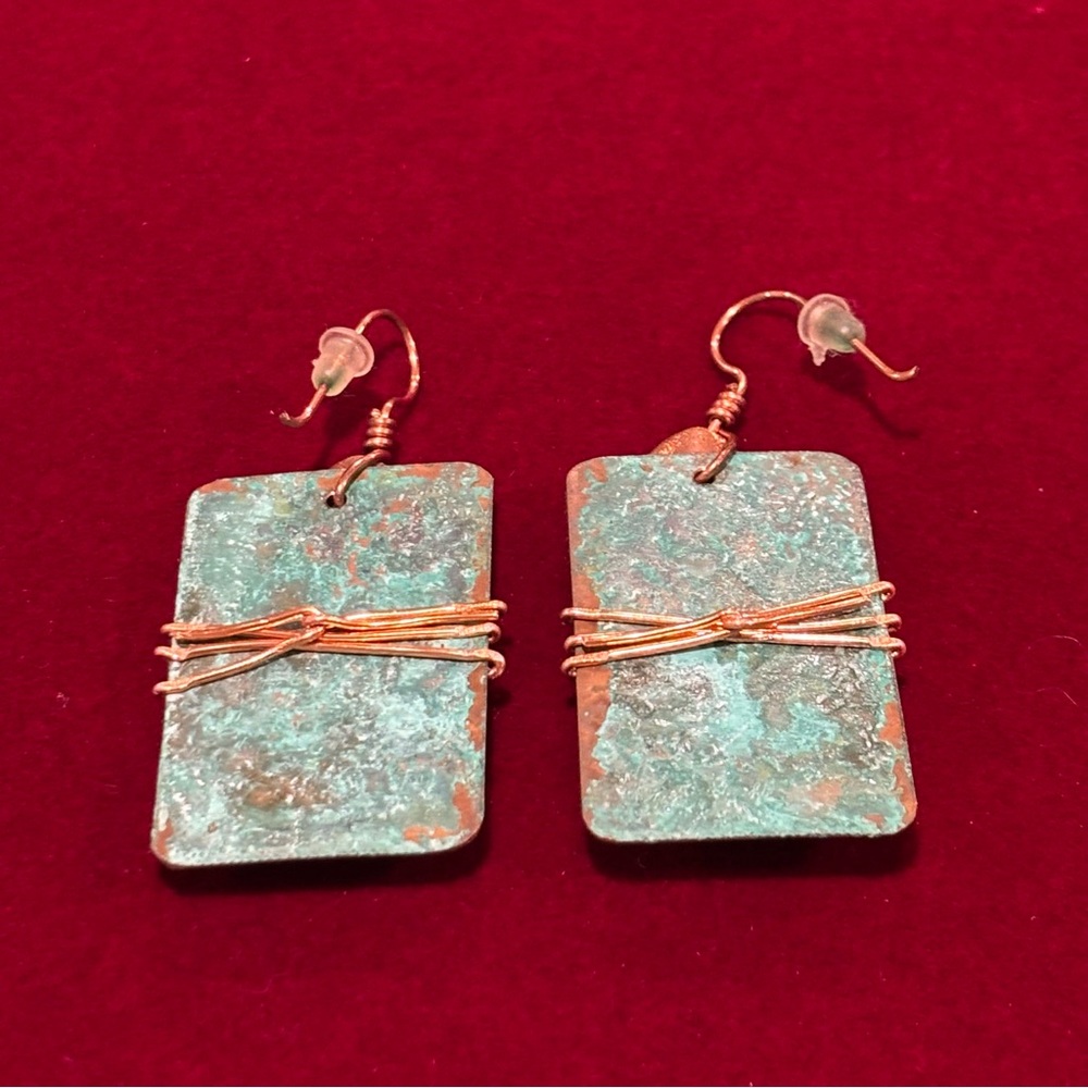 Handcrafted Copper And Blue Rectangular Earrings.… - image 2